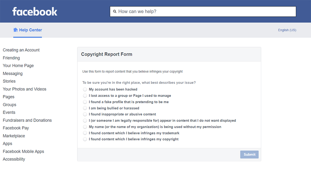 Facebook Copyright Report Form