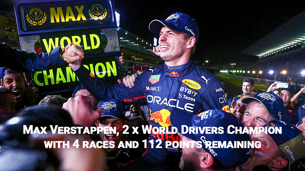 Max Verstappen, 2 x World Drivers Champion with 4 races and 112 points remaining