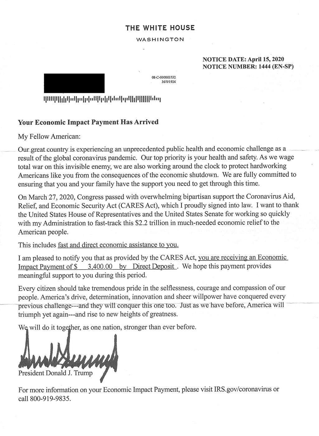 Stimulus Letter From The White House