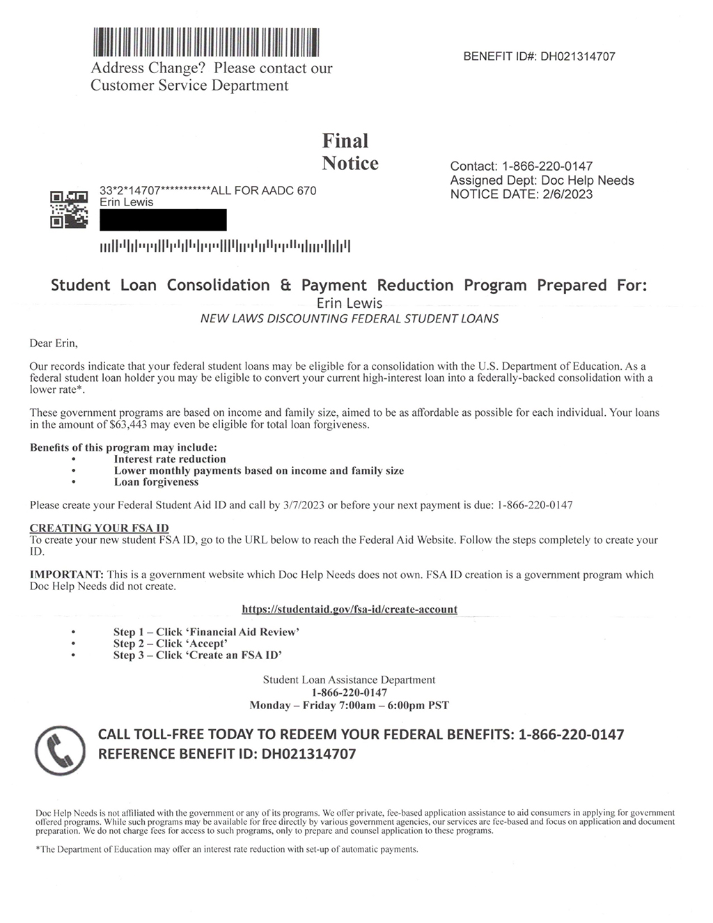 Doc Help Needs student loan letter